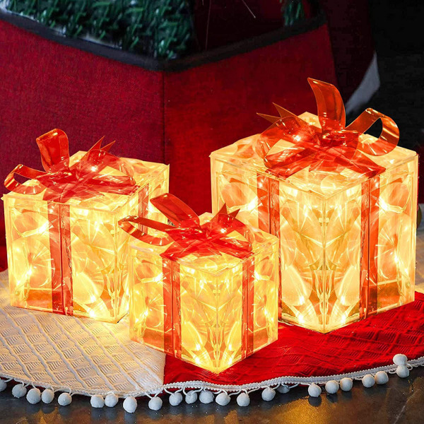Set med 3 julupplysta presentaskar Dekorationer Transparenta upplysta lådor med röda rosetter Julgranskjolprydnad Julgransfest Juldekor/