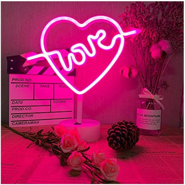Love Neon Sign Yövalo jalustalla Cupid Heart Neon Makuuhuoneen sisustusparisto ja USB Pink Neon Sign Pink Powered Light
