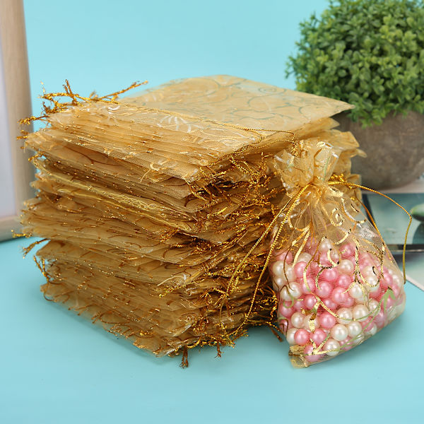 100 stk. 9 x 12 cm Organza Trækpose Multifunktionel Smykkepose Gaveopbevaringspose (Guld)