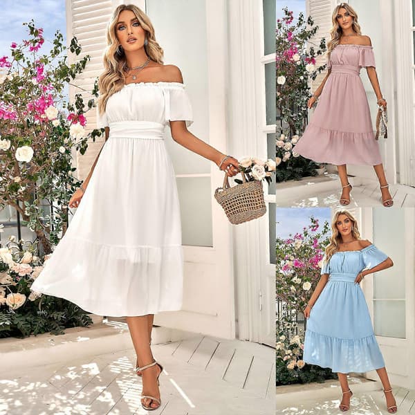Dame Sommer Strandstil Lang Kjole Dame Grasiøs Fe Off-Shoulder Kjoler Kveldsfestkjole Ensfarget Hvit L White L