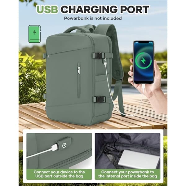 Vacuum Cabin Flight Travel Backpack USB Port, vedenpitävä matkalaukku vihreä