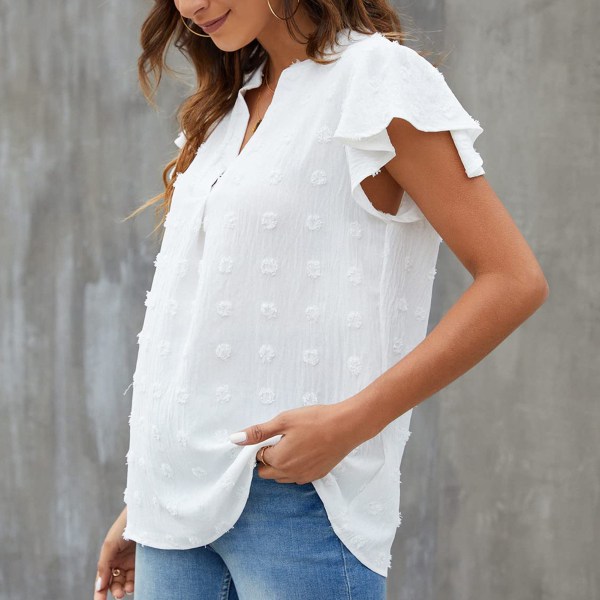 BEMSYM-V-hals T-skjorte med volanger for kvinner Vår Sommer Høst Hvit M White M