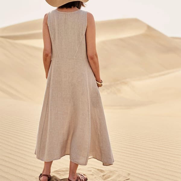 Dam Enfärgade Klänningar Ärmlös Bomull Linneklänning Sommar Beige[BEMS] Beige XL