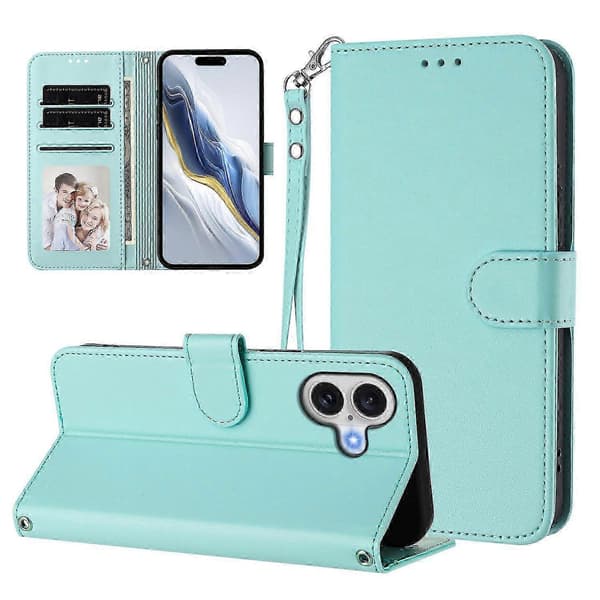 17 Læderpung-etui med stativ og håndledsrem til telefonen Light green Mint Green