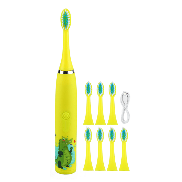 TIMH Elektrisk tannbørste for barn 4 gir 8 børstehoder USB-lading Elektrisk tannbørste for barn Gul