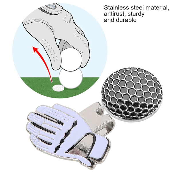 Mini Golf Hat Clip i Form af Handske i Rustfrit Stål med Magnetisk Boldmarkør Sort Hvid