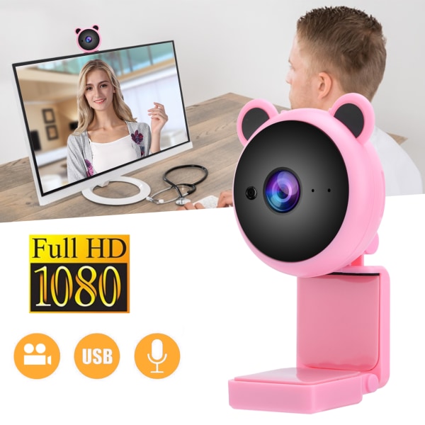 1080P HD USB datakamera Videoopptak Digitalt webkamera innebygd mikrofon for direktesending (rosa)++