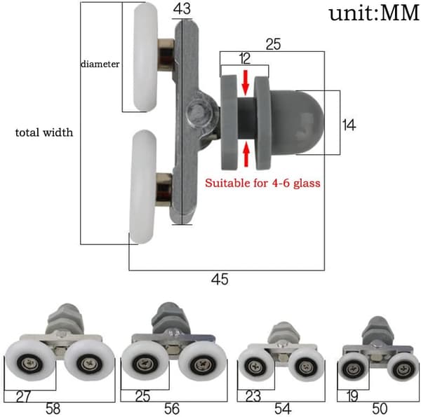 Set med 4 dubbla rullar för böjda dörrar, 25 mm diameter