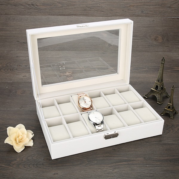 12 Fack PU-Läder Urhållare Armbandsur Displayfodral Smycken Present Förvaringslåda Organizer