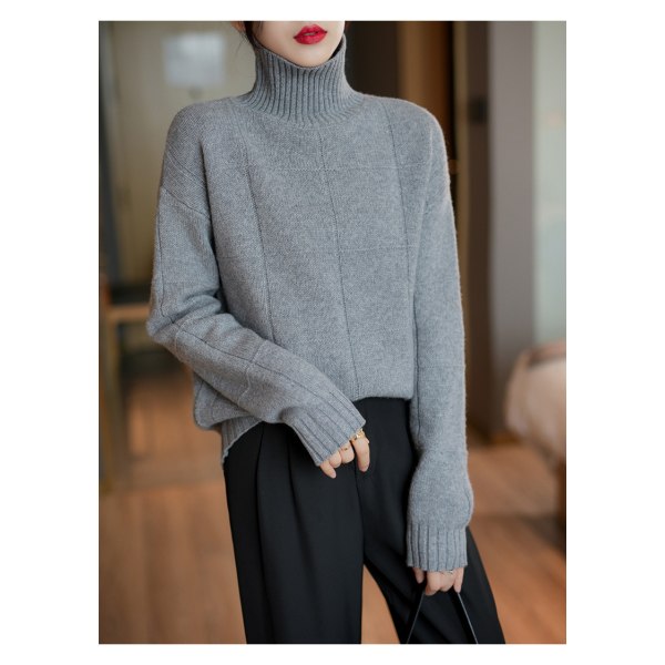 BE-Damesweater Merinouldstrikstrikketøj Turtleneck Langærmede Ensfarvede Pullovere Kvindetrøjer grey