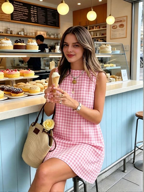 Damklänning i gingham-modell, vår/sommar, strand, boho, ärmlös, mini-solklänning, rosa, L Pink L