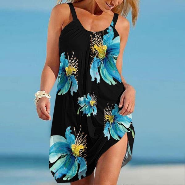 Ärmlös blommig klänning Casual sommarklänning Mini linneklänning Dam strandklänning Black S