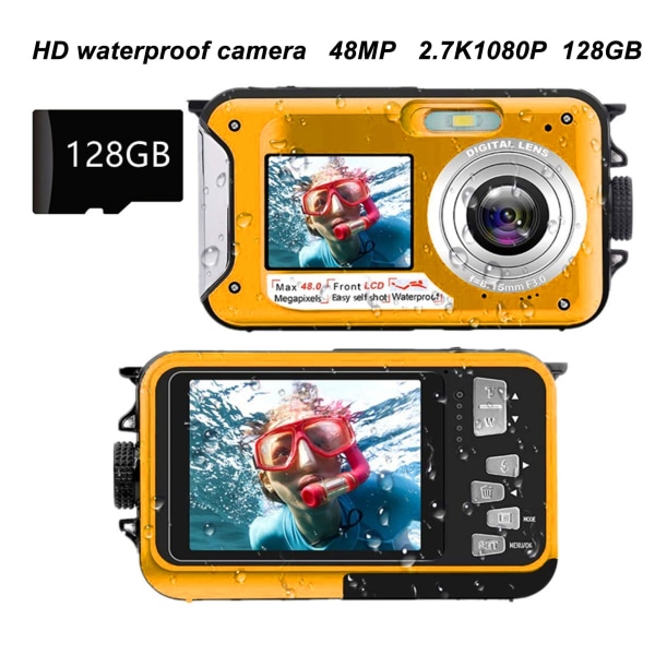 Fuld HD 2.7K 48MP 10ft vandtæt undervands digitalkamera 16X digital zoom Front Bagpå Dobbeltskærme Vandtæt digitalkamera Gul /