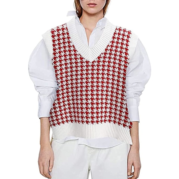 BE-Houndstooth-mønster strikket sweatervest for kvinder, ærmeløs, løs V-hals 90'er-vest Pullover strikket top red L