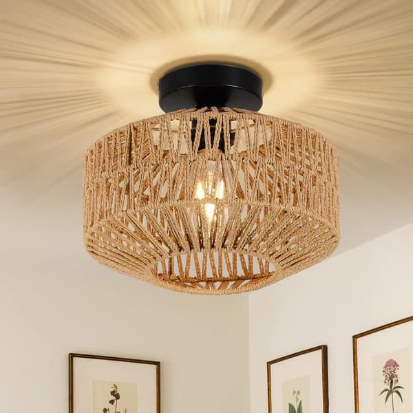 【BEMS】Rattan Hanging Ceiling Light, Boho Ceiling Lamp with Rattan Shade, Vintage Bamboo Ceiling Light, Rustic Rattan Ceiling Lamp
