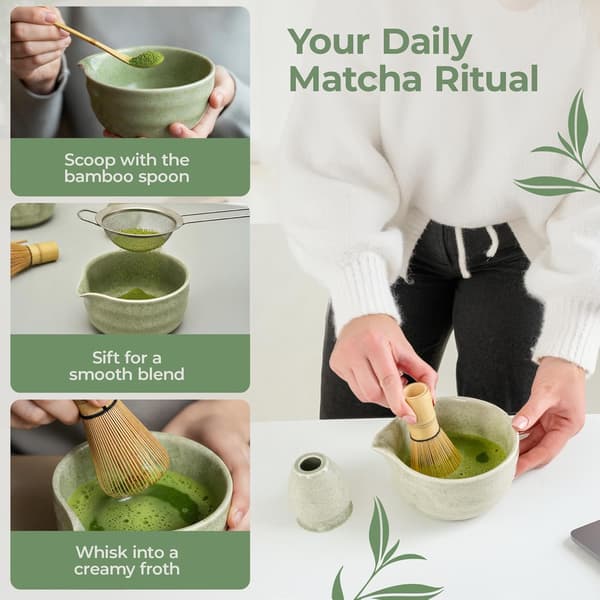 Premium Matcha-set komplett med keramikskål, bambuvisp och hållare, sked, sil och presentask