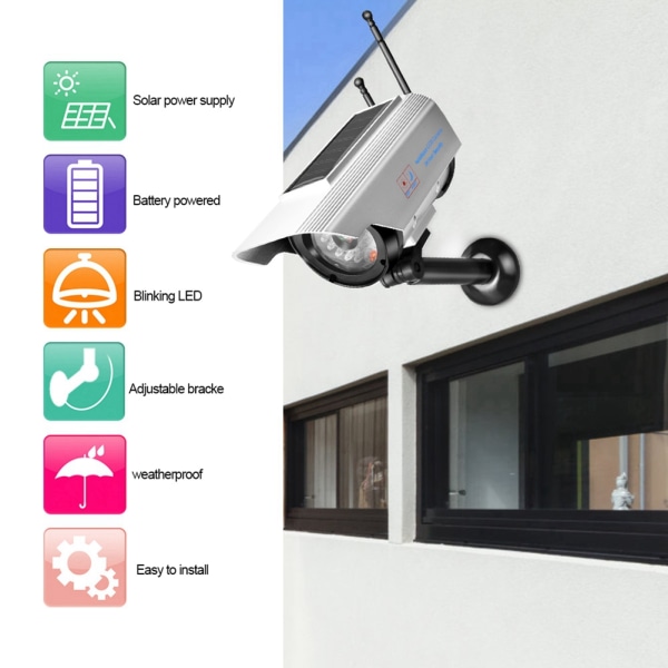 Solar Power LED falsk kamera Udendørs sikkerhedsovervågning Sølv dummy kamera //+
