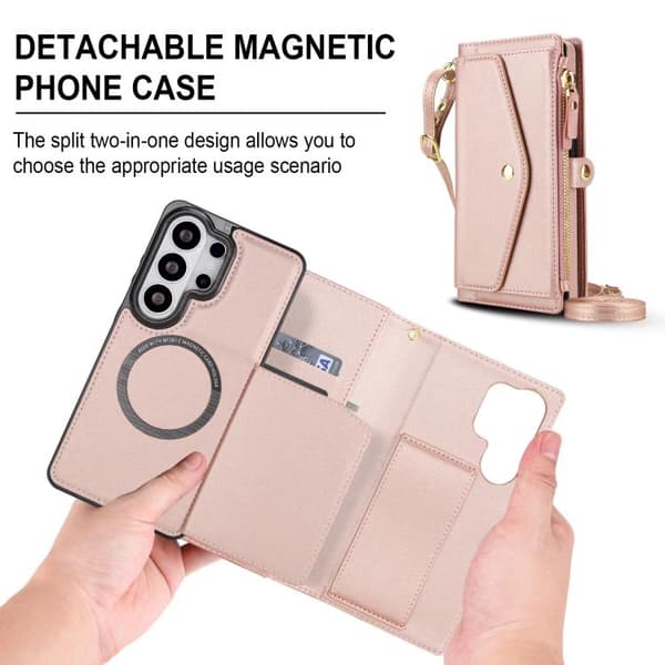 Kompatibel med Samsung Galaxy S26 Ultra 5G Case in Multifunctional Leather with Detachable Strap Roséguld