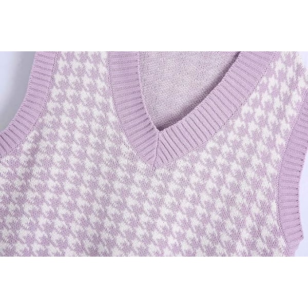 BE-Houndstooth-mønster for kvinner, strikket genservest, ermeløs, løs V-hals 90-tallsvest genser strikket topp Purple L