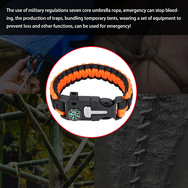 Paracord Överlevnadsarmband för Män Kvinnor Utomhus Bangles Wrap Umbrella Rope (Orange Svart)