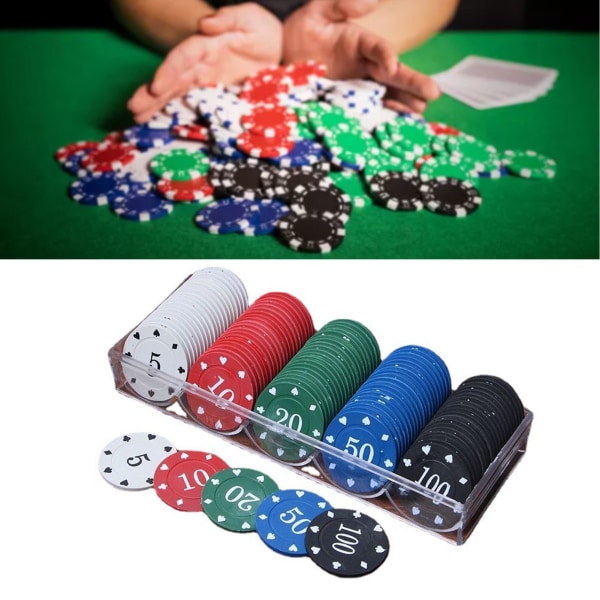 100 kpl pokerimerkkisetti , 5 nimellisarvoa selkeä painatus hienosti pelimerkkikolikko ja säilytyslaatikko pöytäpeliin