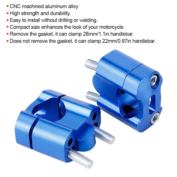 Par 22mm/28mm 1/8in 7/8in Motorsykkel Styremontering Klemmer Riser Adapter CNC Aluminium Legering Blå