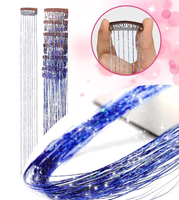 【BEMS】Hårglitter, kongeblå, glitter-extensions, varmebestandig, sett med 18