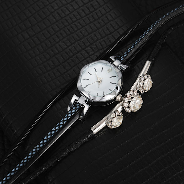 Kvindes Rhinestone PU Rem Rundt Urværk Armbåndsur (Sort)