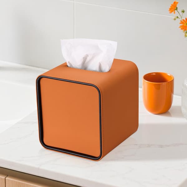 Firkantet læder-servietboks, servietdispenser til kontor, hjem, bil, badeværelse (orange)