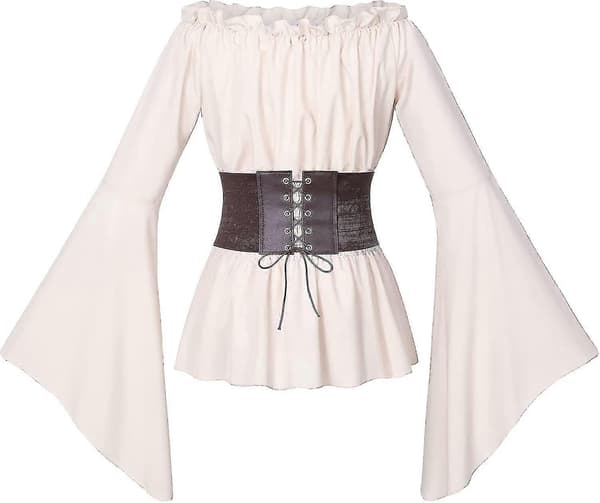 C& Dam Renässans Viktoriansk Boho Piratblus med Volang, Smockad Midja och Bälte Red Medium