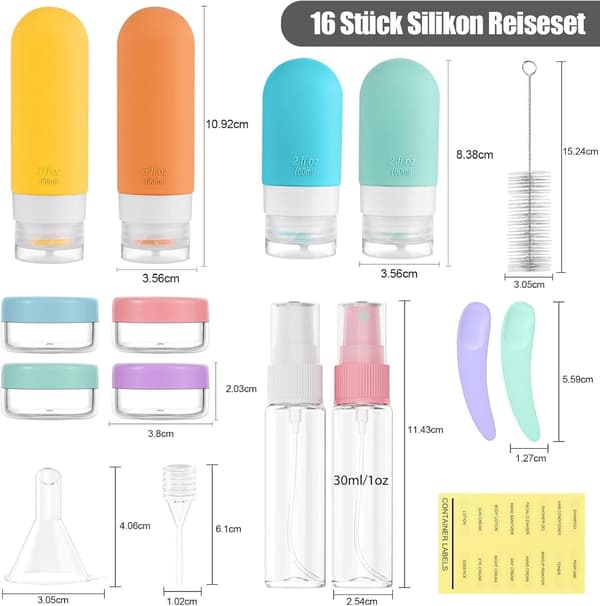 Reseflaskor i silikon, 16 delar återanvändbara och läckagesäkra reseflaskor för lotion, kosmetika, schampo, resor, BPA-fritt set