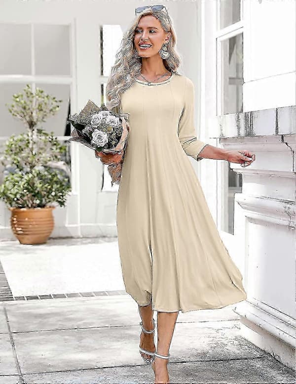Damekjole med 3/4-ermer og A-linjeform og utsvingt midikjole_ms592d White 3XL