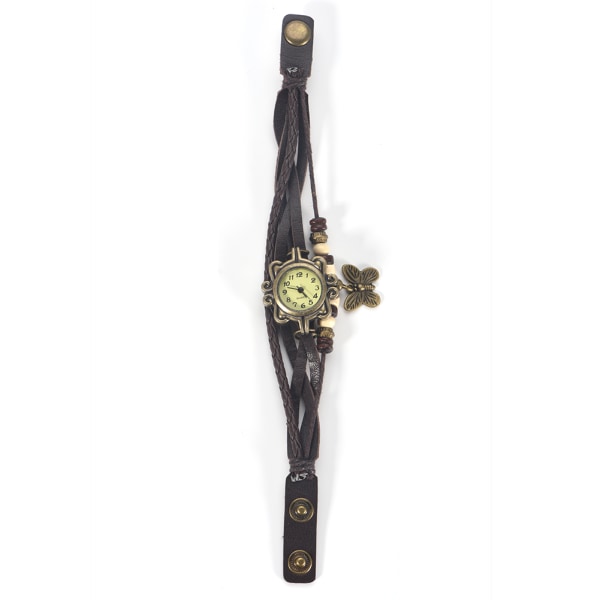 Braid Weave PU Armband Quartz Analog Watch Armbandsur med Butterfly Pendant (Kafferem)/