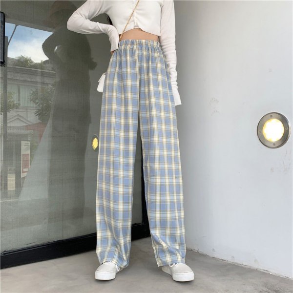 Naisten ruudulliset housut löysät korkeavyötäröiset mukavat oleskelutilat casual ruudulliset housut kesälleVaaleansininen Grid vapaa koko