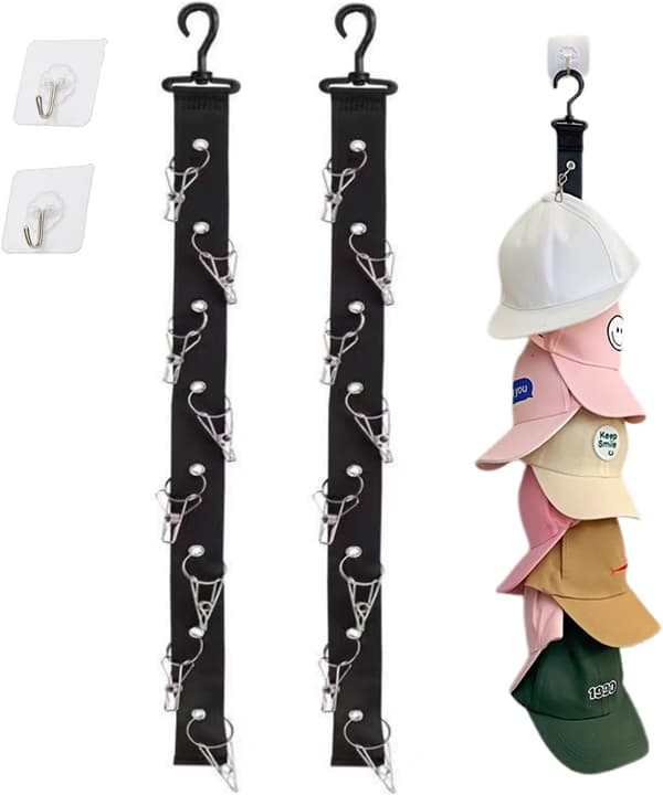 Set med 2 väggmonterade kepsställ, kepsförvaring, ingen montering krävs, innehåller 16 metallklämmor, bärbar och mångsidig