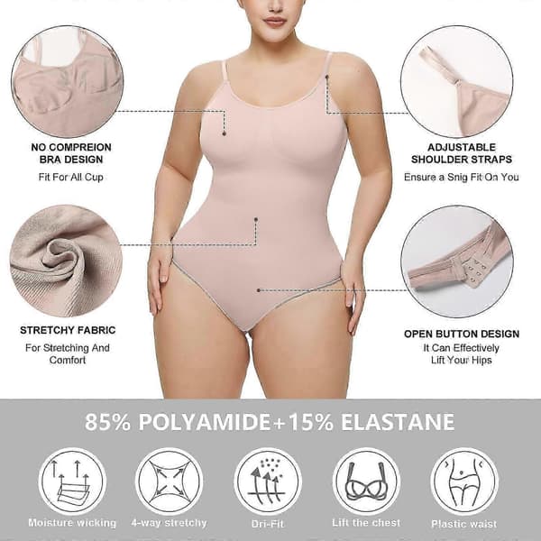 Bodysuit for kvinner, magekontroll, shapewear, sømløs, skulpturerende, stringtruser, kroppsformende singlet beige S