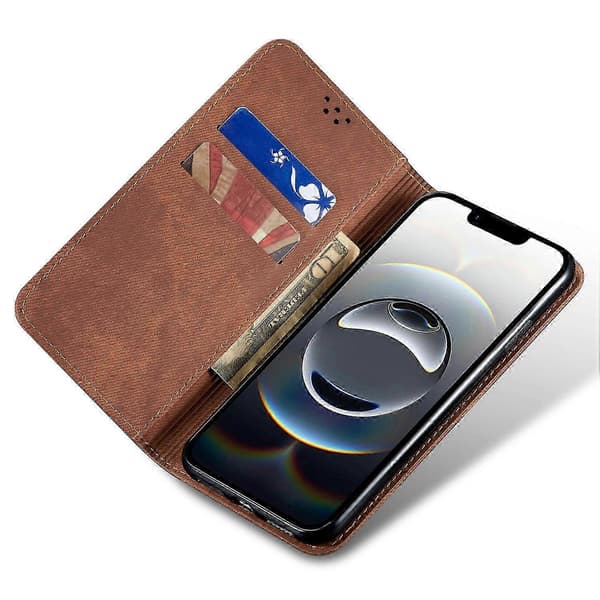 16. Skal Jeans Stoftekstur Ridsefast Læder Stativ Telefoncover Multicolor Coffee