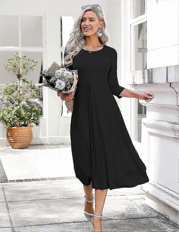 Damekjole med 3/4-ermer og A-linjeform og utsvingt midikjole_ms618d Black L
