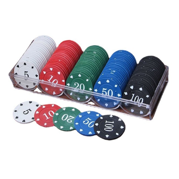 100 kpl pokerimerkkisetti , 5 nimellisarvoa selkeä painatus hienosti pelimerkkikolikko ja säilytyslaatikko pöytäpeliin
