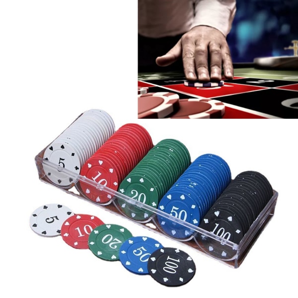 100 stk pokerbrikkesett 5 valører Klar utskrift utsøkt spillbrikkemynt med oppbevaringsboks for bordspill