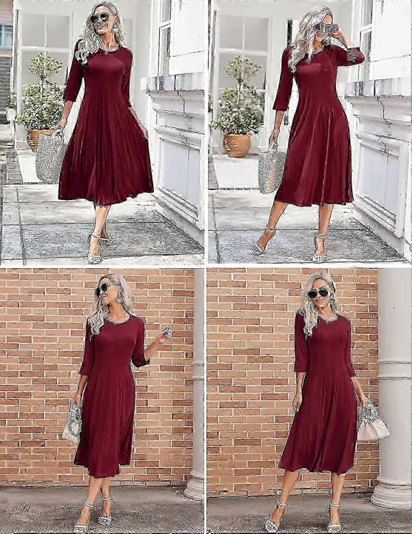 Damekjole med 3/4-ermer og A-linjeform og utsvingt midikjole_ms607d Claret M