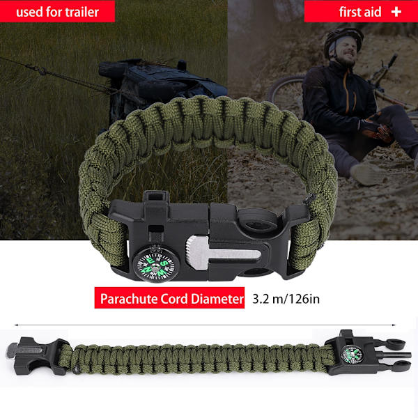 Paracord-selviytymisrannekkeet miehille ja naisille, ulkoilmakäyttöön, rannekkeet, kääre, varjo köysi (armeijan vihreä)