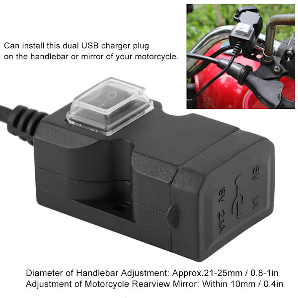 12V Kaksois-USB-portti Moottoripyörälaturi Vedenpitävä Ohjaustangon Laturi 5V 1A / 2.1A Adapteri Puhelimen Virtapistoke 12-24V