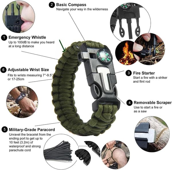 Sæt med 2 Paracord Overlevelsesarmbånd med Ildstarter, Fløjte og Kompas - Justerbar Længde til Camping og Udendørs Overlevelse