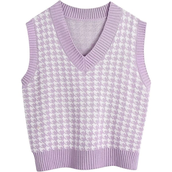 BE-Houndstooth-mønster for kvinner, strikket genservest, ermeløs, løs V-hals 90-tallsvest genser strikket topp Purple S