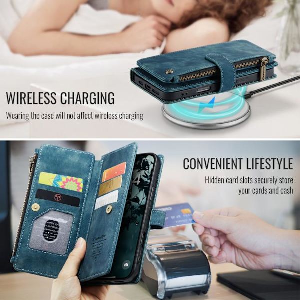 【BEMS】Compatible with iPhone 17 Case Leather Wallet with Card Slots and Zipper Blå