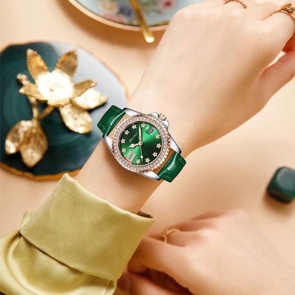 Quartz watch diamant vatten spökbälte vattentätt enkel kalender dam liten grön watch watch grön +Sxi