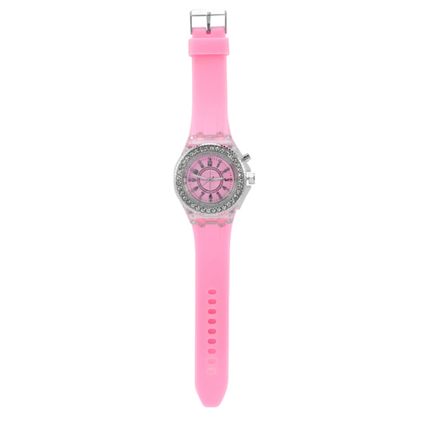 Klocka för flickor med LED-bakgrundsbelysning, rund urtavla i kvarts, silikonarmband (rosa)