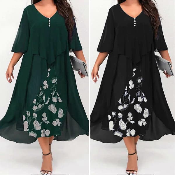 Långklänning Halvärmad Chiffong Skarvning V-ringning Lös midja Swing Stor fåll Elegant Blommig Maxiklänning för Dam för Hösten-XinHan Black M