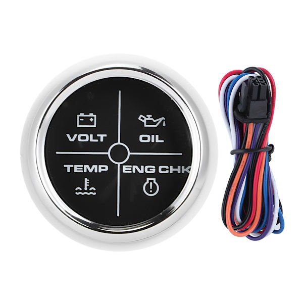 52 mm/2 tommer multifunktions 4LED-alarmindikator Volt Vandtemperatur Olietrykalarmsmåler 12/24V til marinebåd Sort urskive Sølvramme